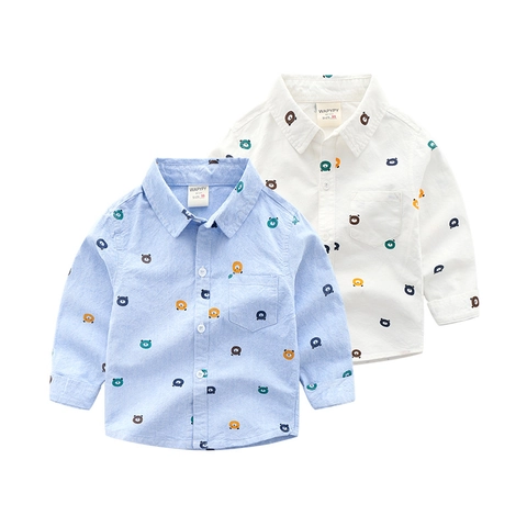 Camicia in Cotone a Maniche Lunghe da Ragazzo Classico Collo alla Coreana Tessuto Oxford Stampa Orso Cartone Animato Top