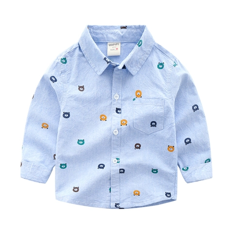 Camicia in Cotone a Maniche Lunghe da Ragazzo Classico Collo alla Coreana Tessuto Oxford Stampa Orso Cartone Animato Top