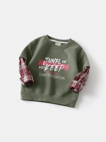 Sweat-Shirt Pullover Tendance pour Garçons Faux Deux Pièces Vert Armée Avec Manches à Carreaux Et Imprimé Lettres