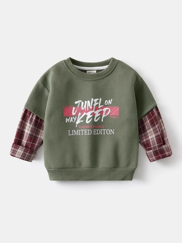 Sweat-Shirt Pullover Tendance pour Garçons Faux Deux Pièces Vert Armée Avec Manches à Carreaux Et Imprimé Lettres