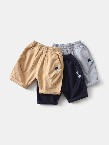 Pantaloncini Estivi in Cotone per Bambini Ricamo Orso Cartone Animato Pantaloni Casual da Spiaggia Vita Elastica Stile Trendy Comodi Traspiranti
