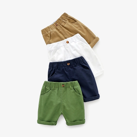 Boys Casual Cotton Shorts Summer Kids Elastic Waist Breathable Solid Color Mid-Length Pants Soft Twill Rolled Hem Shorts