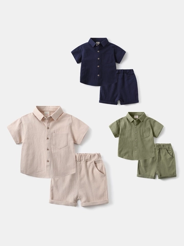 Conjunto De Dos Piezas De Verano Para Niños Camisa De Manga Corta De Algodón Y Pantalones Cortos Color Sólido Cuello De Solapa