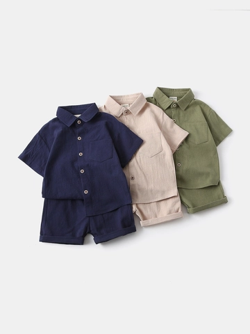 Conjunto De Dos Piezas De Verano Para Niños Camisa De Manga Corta De Algodón Y Pantalones Cortos Color Sólido Cuello De Solapa