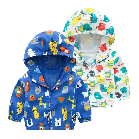 Kleinkind Kinder Kapuzenjacke Leichte Windjacke Cartoon Tier Monster Druck Reißverschluss Mantel Mit Netzfutter Für Jungen Mädchen