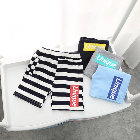 Boys Summer Cotton Shorts Elastic Waist Casual Beach Pants Solid Striped Print Unique Letter Toddler Breathable Shorts