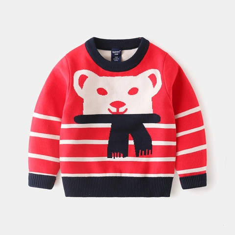 Maglione a Maglia Casual in Misto Cotone per Ragazzi Cartone Orso a Strisce Ispessito Girocollo Pullover Autunno Inverno Caldo
