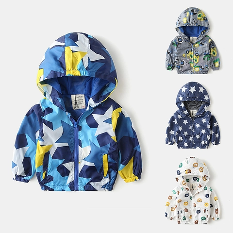 Kids Hooded Windbreaker Jacket Lightweight Breathable Zip Up Outerwear For Boys Girls Cartoon Pattern Windproof Casual Coat