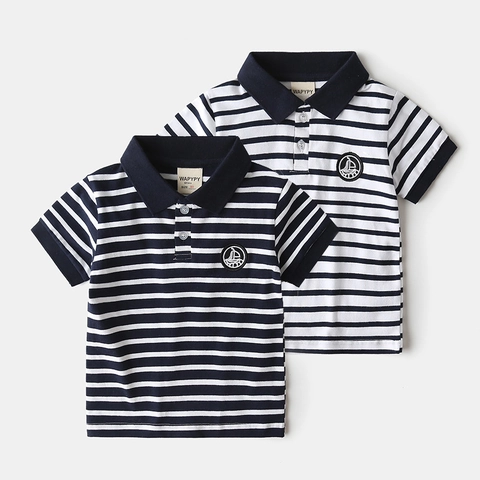 Polo a Righe Casual da Bambino in Misto Cotone Manica Corta con Revers Top con Ricamo a Vela per Bambini Vestiti Estivi