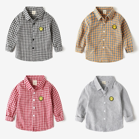 Jungen Langarm Karriert Gestreift Hemd Baumwolle Umlegekragen Top Mit Smile Face Patch Stickerei Lässig Kleidung