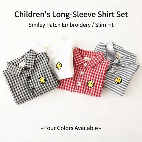 Jungen Langarm Karriert Gestreift Hemd Baumwolle Umlegekragen Top Mit Smile Face Patch Stickerei Lässig Kleidung