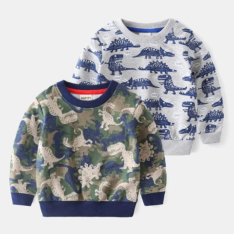 Felpa da Bambino con Stampa di Dinosauri Girocollo Maniche Lunghe in Misto Cotone Pullover Casual Autunno Kids Top