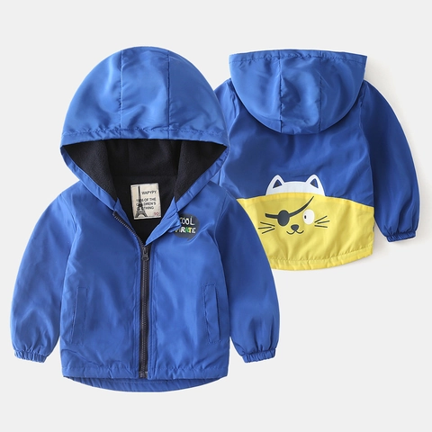 Boys Casual Color Block Hooded Jacket Thickened Fleece Lining Windproof Outerwear Autumn Winter Cartoon Pirate Cat Trendy Coat