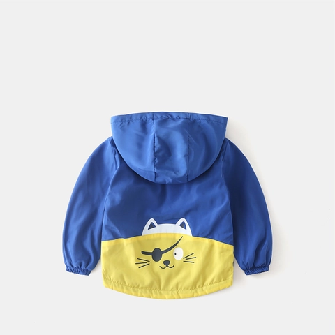 Boys Casual Color Block Hooded Jacket Thickened Fleece Lining Windproof Outerwear Autumn Winter Cartoon Pirate Cat Trendy Coat