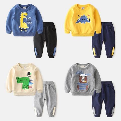 Boys Casual Cotton Blend Sweatshirt And Pants Outfit Cartoon Dinosaur Bear Print Pullover Long Sleeve Top And Bottoms