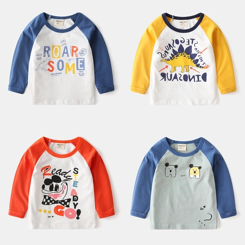 Peuter Jongens Katoen Raglan T-shirt Lange Mouwen Cartoon Dinosauriër Bouwvoertuig Bedrukt Contrast Ronde Hals Top