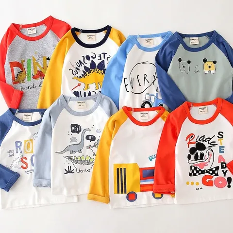 Peuter Jongens Katoen Raglan T-shirt Lange Mouwen Cartoon Dinosauriër Bouwvoertuig Bedrukt Contrast Ronde Hals Top