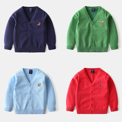 Cardigan in Misto Cotone per Bambini Con Ricamo Animale Scollo a V Maglione Monopetto per Ragazzi e Ragazze Autunno
