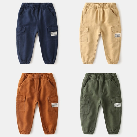 Boys Cargo Pants Cotton Blend Elastic Waist Trousers Side Pockets Cuffed Hem Casual Daily Fashion Bottoms For Kids