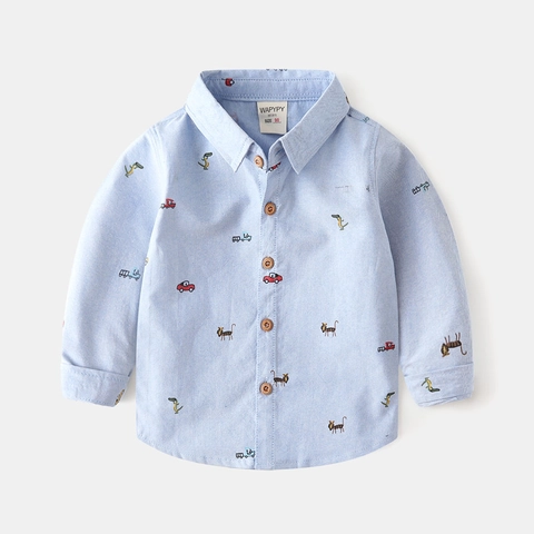 Jungen Karikatur Tier Fahrzeug Druck Langarm Baumwollhemd Kinder Casual Button Down Umlegekragen Oberteil Frühling Herbst Kleinkinder