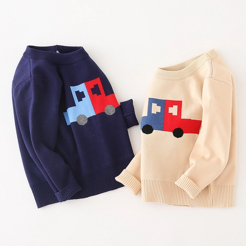 Boys Knitted Sweater Cotton Blend Long Sleeve Pixel Car Pattern Pullover Autumn Winter Casual Warm Kids Clothing Top