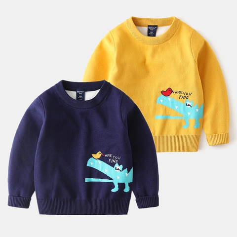 Boys Casual Cotton Blend Knitted Sweater Cartoon Crocodile Bird Pattern Ribbed Crewneck Long Sleeve Warm Pullover Toddler Top