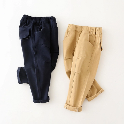 Boys Casual Cotton Blend Patchwork Long Pants Solid Color Elastic Waist Children Trousers With Pockets For Spring Autumn