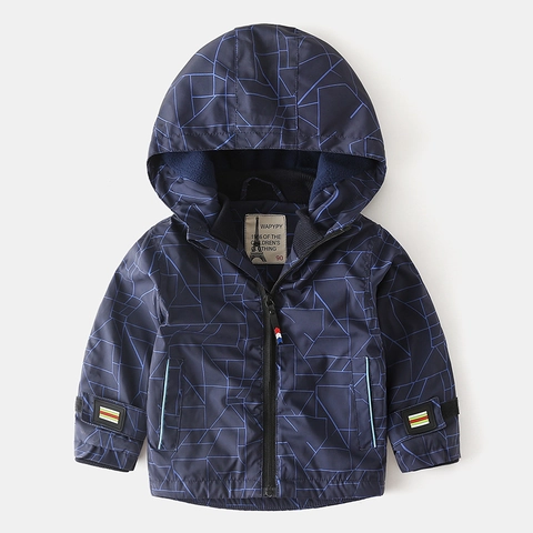 Boys Fleece Lined Hooded Jacket Autumn Winter Warm Kids Geometric Pattern Windproof Coat Outerwear Zipper Hoodies For Children