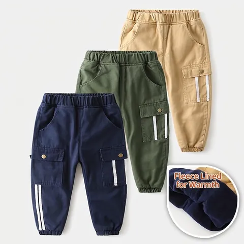Jungen Fleece Gefüttert Cargo Hose Baumwollmischung Warm Winter Lässig Hose Mit Taschen Streifen Für Kleinkinder Jungen Outdoor