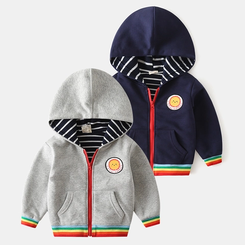 Felpa con Cappuccio e Zip per Bambini Ragazzi Giacca in Pile Misto Cotone Spessa Costine Arcobaleno Casual Cartone Animato Sole Toppa Outwear
