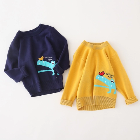 Boys Casual Cotton Blend Knitted Sweater Cartoon Crocodile Bird Pattern Ribbed Crewneck Long Sleeve Warm Pullover Toddler Top