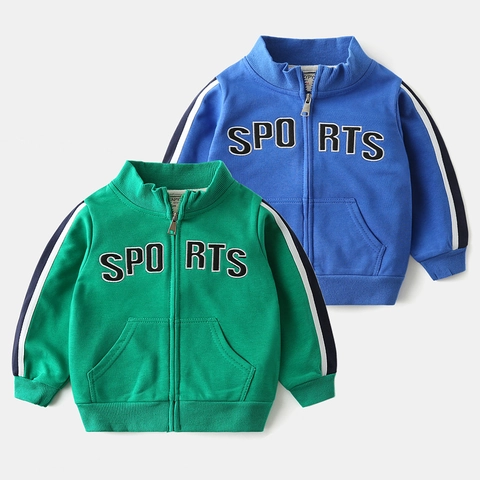 Giacca Sportiva da Ragazzo in Misto Cotone Con Zip e Cappuccio Con Patch Lettera e Strisce Cappotto a Manica Lunga per Bambini