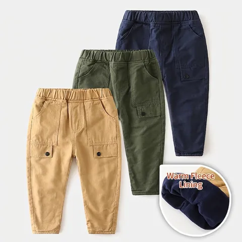 Boys Fleece Lined Cargo Pants Winter Thickened Cotton Blend Solid Color Elastic Waist Casual Trousers Warm Bottoms