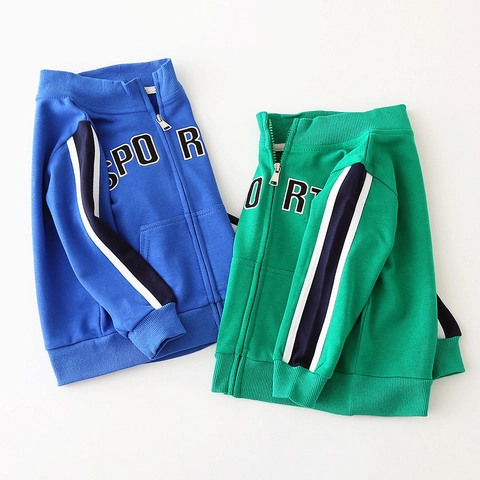 Giacca Sportiva da Ragazzo in Misto Cotone Con Zip e Cappuccio Con Patch Lettera e Strisce Cappotto a Manica Lunga per Bambini