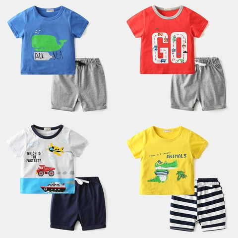 Kids Summer Clothing Set Cotton Blend Cartoon Animal Short Sleeve T-Shirt and Striped Shorts 2 Piece Casual Outfit For Boys Girls