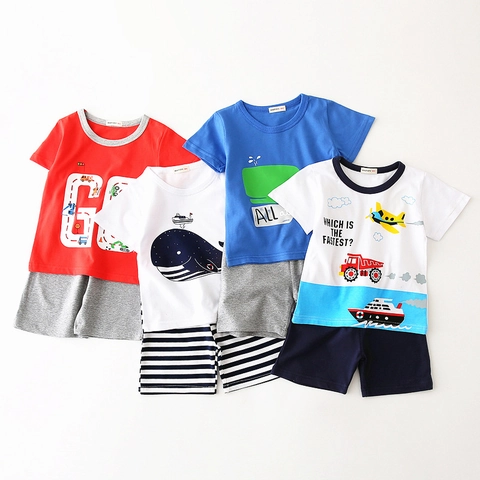 Kids Summer Clothing Set Cotton Blend Cartoon Animal Short Sleeve T-Shirt and Striped Shorts 2 Piece Casual Outfit For Boys Girls
