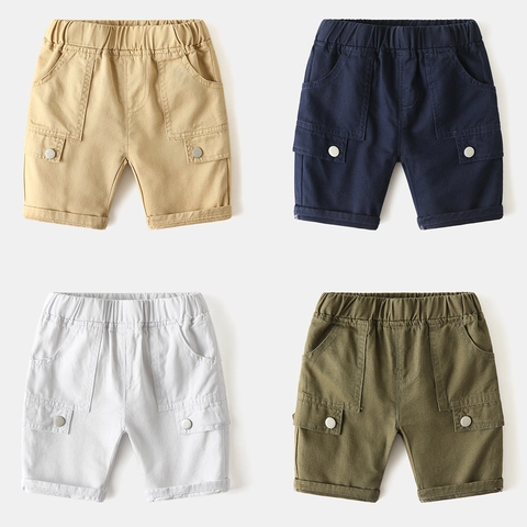 Boys Summer Cotton Blend Cargo Shorts Casual Solid Color Kids Shorts With Elastic Waist Large Pockets For Daily Wear