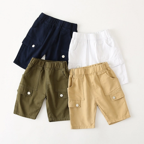 Boys Summer Cotton Blend Cargo Shorts Casual Solid Color Kids Shorts With Elastic Waist Large Pockets For Daily Wear