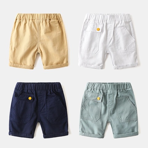 Boys Casual Cotton Shorts Summer Toddlers Solid Color Elastic Waist Cargo Pocket Kids Breeches Soft Breathable Daily Wear