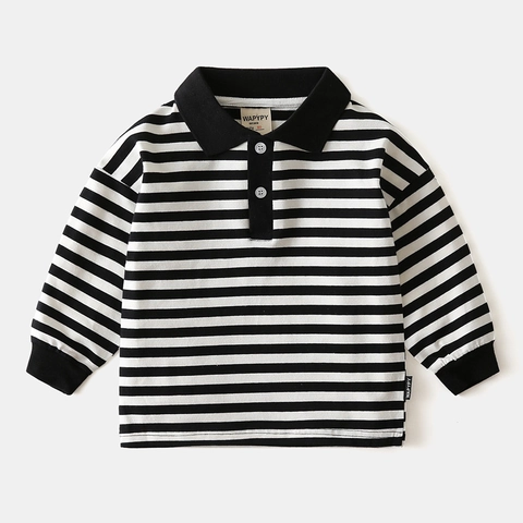 Boys Casual Striped Long Sleeve Polo Shirt Cotton Blend Breathable Black And White Striped Top For Spring Autumn Kids Apparel
