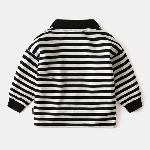 Boys Casual Striped Long Sleeve Polo Shirt Cotton Blend Breathable Black And White Striped Top For Spring Autumn Kids Apparel