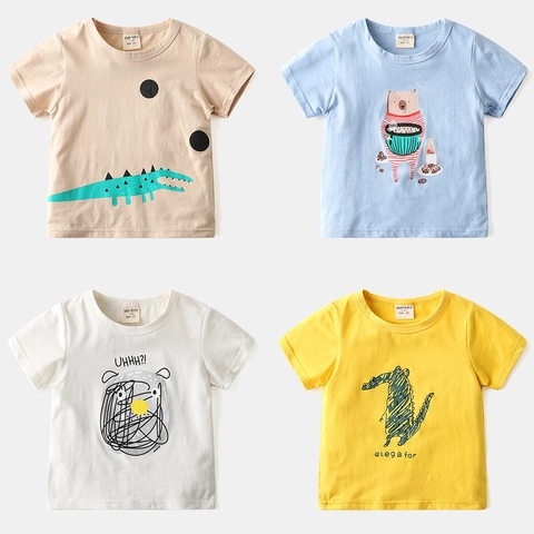 Kids Cotton Blend Short Sleeve T-Shirt Korean Style Boys Cartoon Print Round Neck Summer Casual Breathable Baby Top
