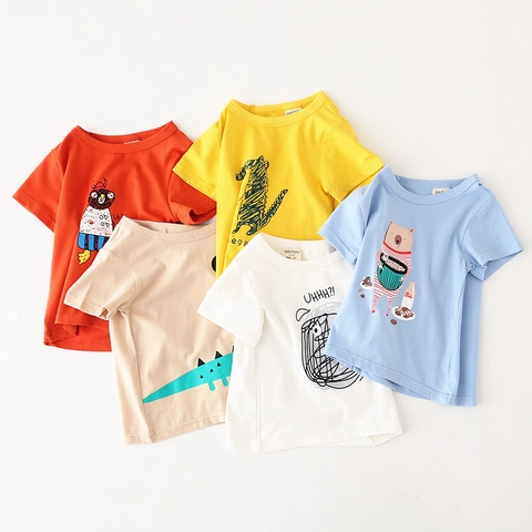 Kids Cotton Blend Short Sleeve T-Shirt Korean Style Boys Cartoon Print Round Neck Summer Casual Breathable Baby Top