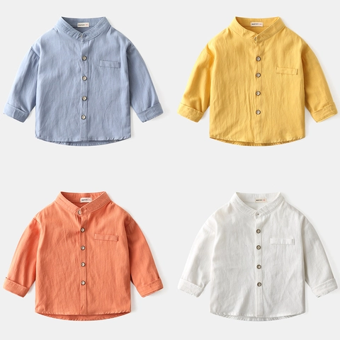 Boys Casual Pure Cotton Long Sleeve Shirt Mandarin Collar Solid Color Kids Tops Spring Fashion Breathable Shirt For Boys