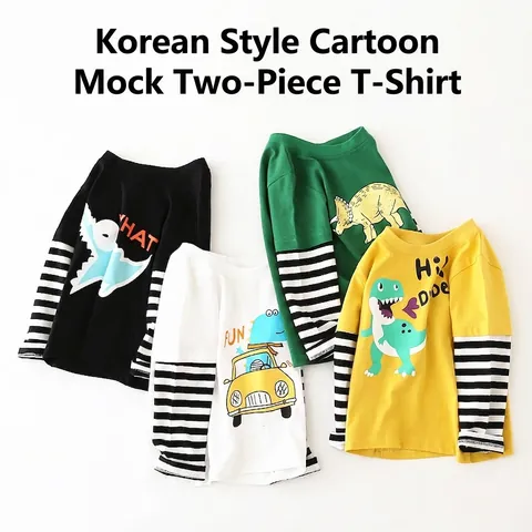 Maglietta a Maniche Lunghe per Bambini con Stampa Cartone Animato Dinosauro Coccodrillo Patchwork a Righe in Cotone Casual