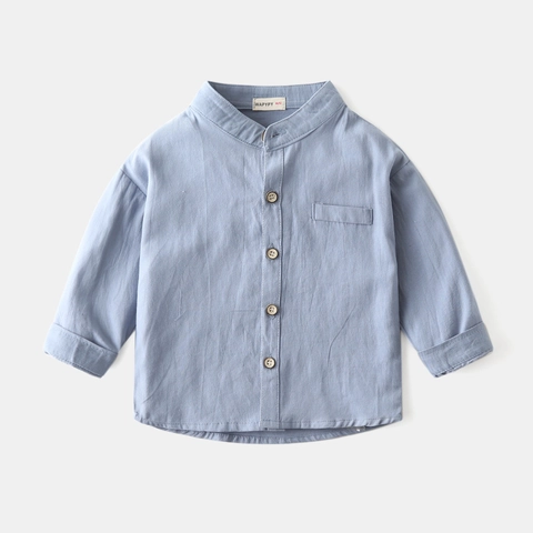 Boys Casual Pure Cotton Long Sleeve Shirt Mandarin Collar Solid Color Kids Tops Spring Fashion Breathable Shirt For Boys