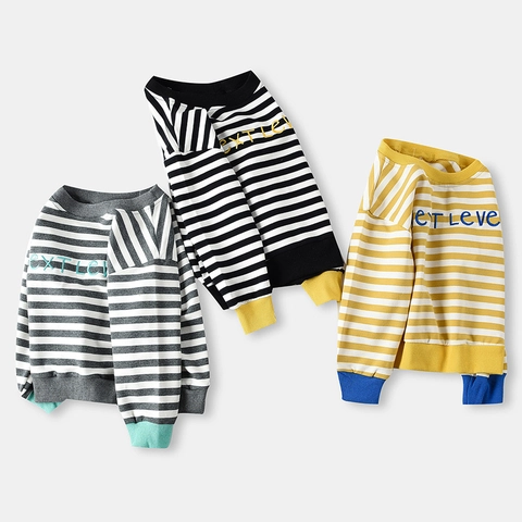 Sweat-shirt à Rayures pour Garçons Mélange de Coton Pullover Avec Broderie de Lettres Haut Décontracté à Manches Lungues