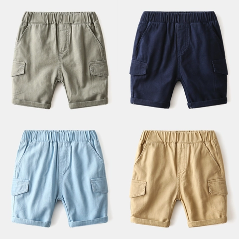 Boys Cargo Shorts Cotton Blend Elastic Waist Summer Casual Workwear Style Five-Point Pants Comfortable Kids Solid Color Shorts