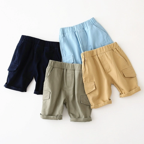 Boys Cargo Shorts Cotton Blend Elastic Waist Summer Casual Workwear Style Five-Point Pants Comfortable Kids Solid Color Shorts