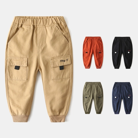 Boys Casual Cotton Blend Cargo Pants With Elastic Waist Pocket Embroidery Solid Color Toddler Children Jogger Trousers